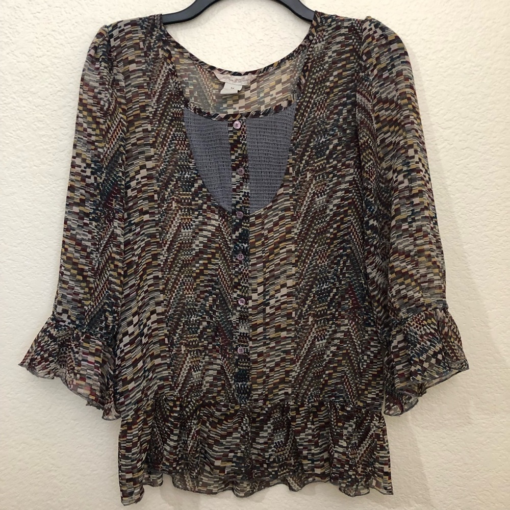 FUN & FLIRT Womens Medium 3/4 Sleeve Ruffled Blouse Top See-Through Sheer NWOT